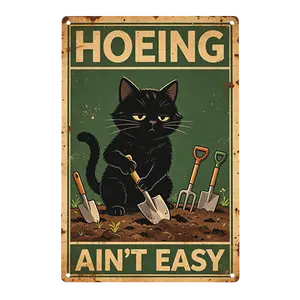 8×12 Inch Funny Cat Aluminium Wall Sign, Retro Garden Decor with "HOEING AIN'T EASY" Slogan, Gift for Cat Lovers