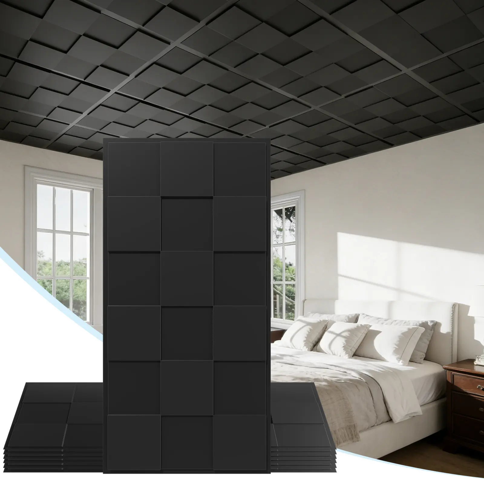 LooYee 24 PCS 2x4 FT Black Cross-Shaped Block Design Decorative Ceiling Tiles, 24x48 Inch 3D Modern Minimalist Ceiling Panels, PVC Waterproof Cuttable Material Ideal for Basement Cover 192 Sq.Ft