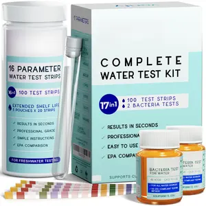 17in1 Complete Drinking Water Test Kit - 100 Strips + 2  Tester Kits - Well, Tap, , City Water Testing Strip for Lead, Alkaline, Chlorine, Hardness, Iron, Fluoride, Copper &