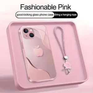 Luxury Faux Brushed Metal Texture Phone Case with Flower Lanyard | Glossy Glass Feel 2D Printed Cover | for [iPhone 15] 952