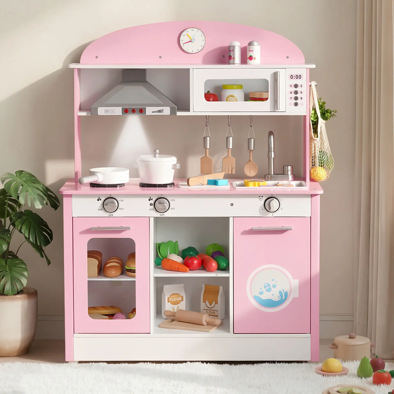 【FathersDayGift】VEVOR Wooden Kids Play Kitchen Playset, with Real Light Sounds, Batteries, Food & Cookware Accessories, Range Hood, Microwave, Pretend Play Toy for Toddlers Ages 3-8, Pink, With Batteries, Child-Safe Kitchen Playsets, Nontoxic Kitchen Play