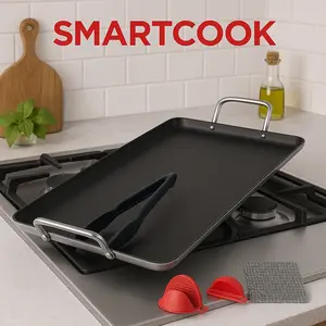 SmartCook 19" Nonstick Dual Burner Griddle & Grill Pan Set with Silicone Handles - Durable Cookware for Versatile Gourmet Cooking, Ideal for Fry