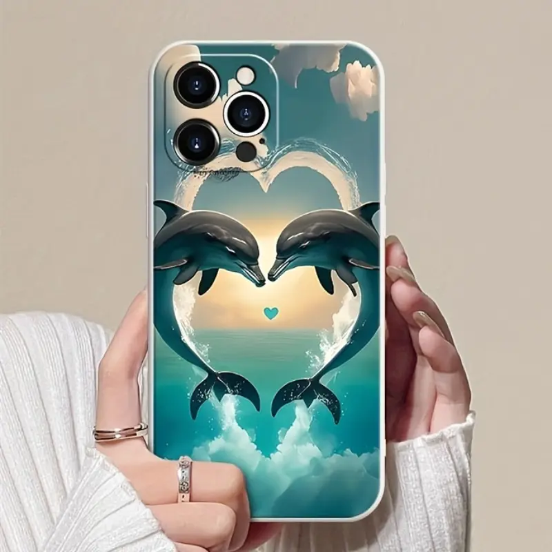 Straight Edge Phone Case for iPhone 15 Plus 16 Pro Max 14 13 12 11 XR XS Dolphin Heart Pattern Shockproof Silicone TPU Bumper Drop Protection Soft Cover
