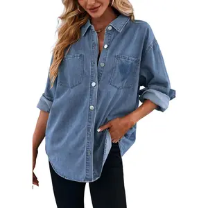 Imily Bela Casual Button Down Denim Shirt Long Sleeve Boyfriend Oversized Jean Jacket with Pocket