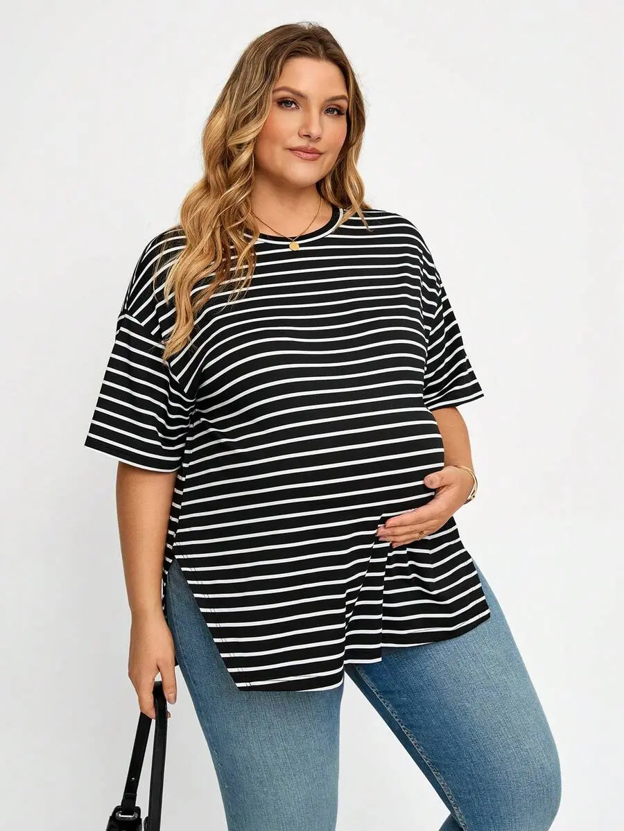 [FREE SHIPPING] Plus Size Maternity Round Neck Striped Casual Versatile Daily Wear Top