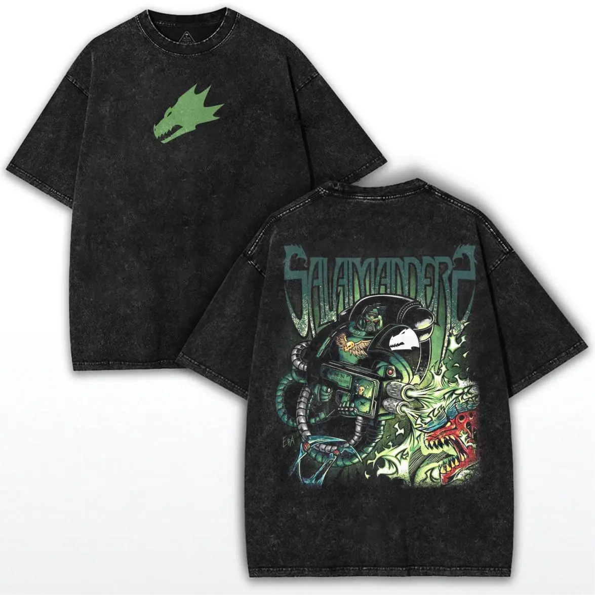 Salamanders Graphic Tee – Mineral Wash Warhammer Inspired Shirt with legion 18 & Power Armor Art for Sci-Fi Fans, Clean Look