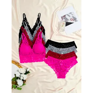 Women's 4-Set Lacy Polyamide Cami Bra and Panty Lingerie - Solid Mixed Colors, Multi-Size, Comfortable Fabric, Removable Pads, Adjustable Straps, Delicate Details for Romance & Everyday Wear