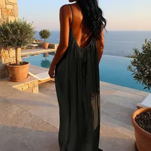 Women's Solid Color Backless Cami Dress, Casual Sleeveless Dress for Summer, Ladies Clothes for Beach Holiday Vacation