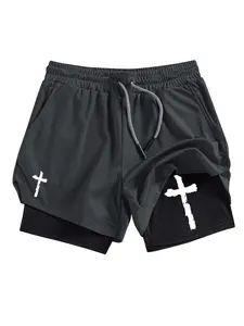 Cross Print Men's Sporty Soft Stretch Athletic Wear Shorts 2-in-1 Running Workout Shorts with Phone Pocket Towel Loop, Summer Quick-Dry Breathable Gym Performance Shorts