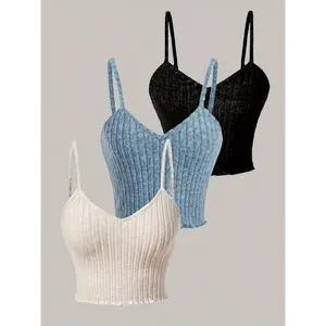 Dear 3pcs Ribbed Spaghetti Strap Tank Top, Casual Sleeveless Tank Top For Summer, Women's Clothing