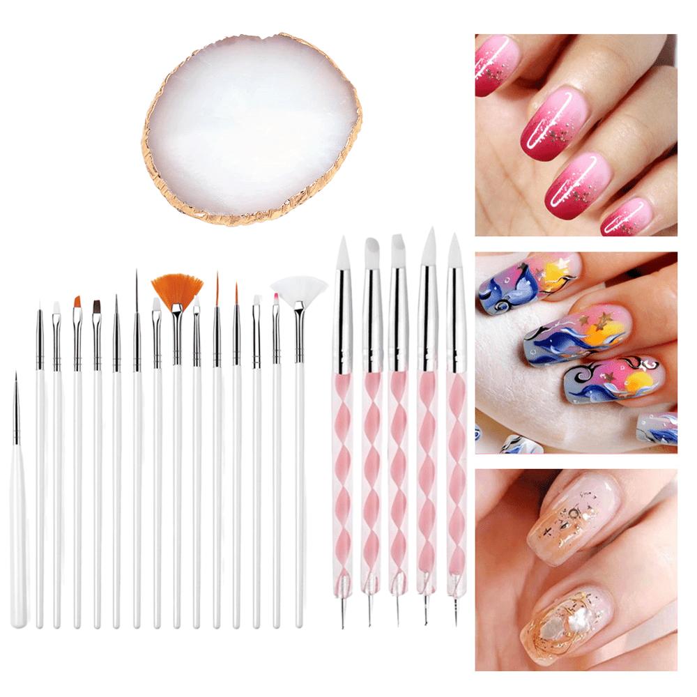 21 Pcs Nail Art Brushes Nail Art Tool Set Resin Palette Nail Art Painting Mixed Color 2 Way Acrylic Silicone Carving Pen Dotting Pen Tool Manicure Kit DIY Makeup Display Board for Home Salon