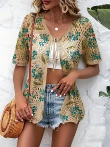 Elegant Boho Chic Style Short Sleeve Knit Cardigan, Colorblock Floral Print, Shell Edge Tie, Bikini Cover-Up, Casual Outerwear for Summer