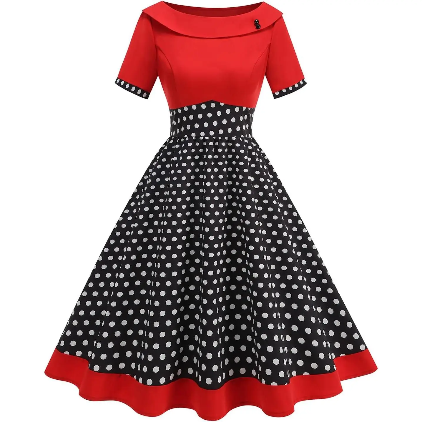 Women's 1950s Polka Dot Swing Dress, Vintage Short Sleeve Boat Neck Cocktail Midi with Side Zipper and Button Detail for Everyday Wear, Essential, Polyester, Elegant, Dotted Pattern Wedding Guest Dresses