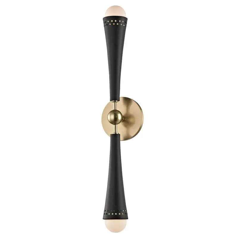 Tupelo 2-Light Sconce with Black Conical Arms and White Glass Globe Shades in Aged Brass Finish