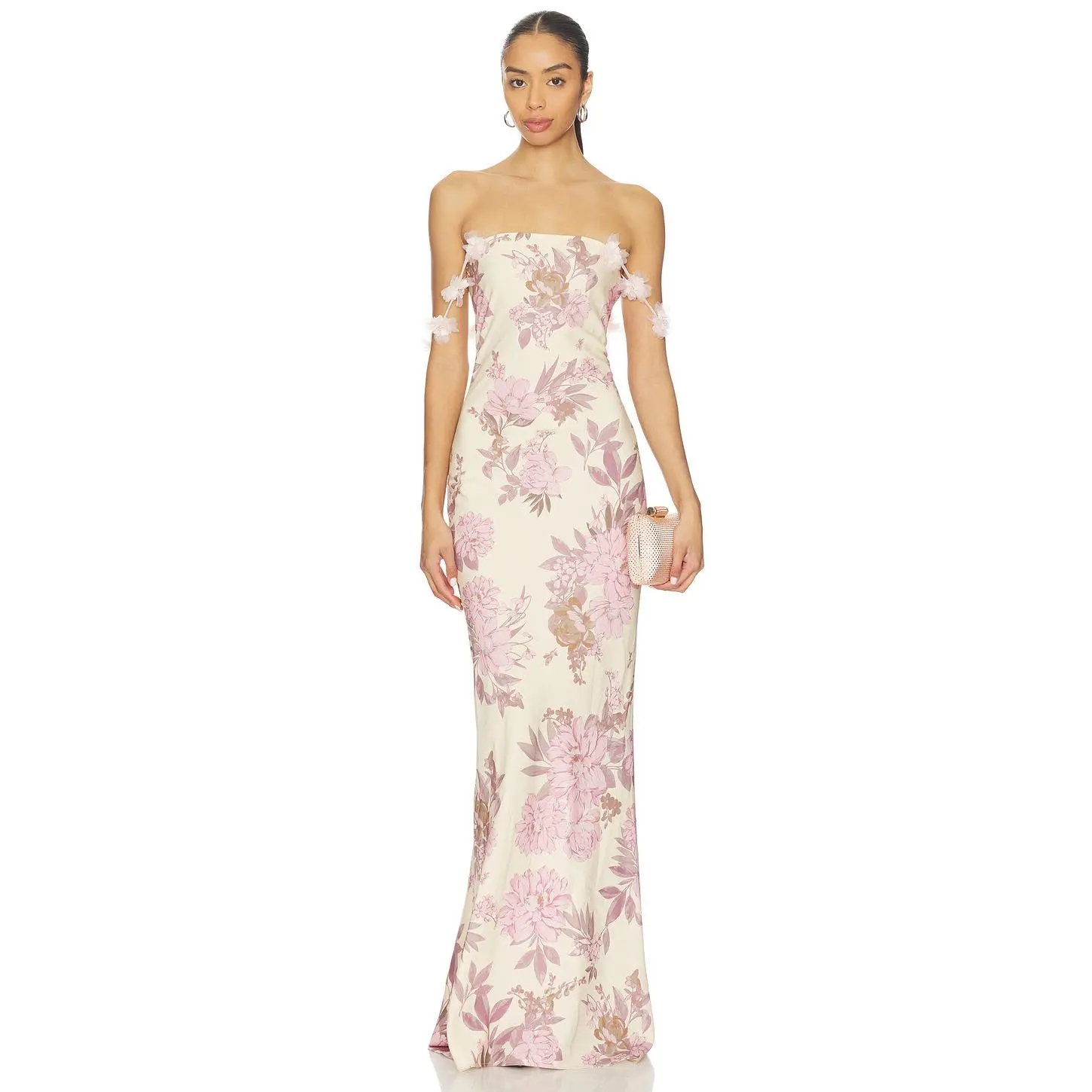 Bronx and Banco Magnolia Rosie Off The Shoulder Column Gown in Blush Multi