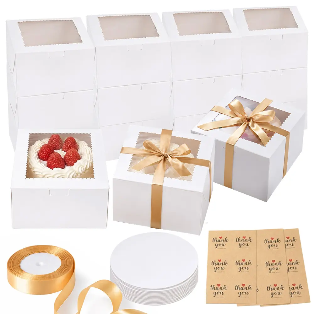 White Durable Foldable Square Baking Cake Boxes (15 Pcs, 6x6x5 in) with Window Lid, Tray, Ribbon & Label Stickers - Birthday, Wedding Use