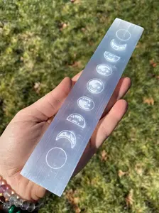 Selenite Engraved Moon Phase Polished Stone Plate - Satin Spar Selenite Plate