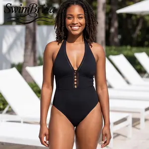Briza｜Women's Ribbed One-Piece Swimsuit Black Halter Plunge Neck Cutout Front Crisscross Back Tie High Leg Bathing Suit for Beach Pool VacationBB