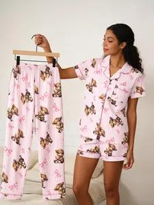 Women's Colorblock Pajama Set, 3-Piece Loose-Fit Sleepwear Loungewear, Short Sleeve & Pants, All-Season Casual Home Pyjamas, Spring Summer New Arrival Pjs, Pajamas Sleepwear