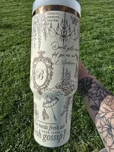 Regency Gossip Inspired 20oz, 40oz Tumbler,  Vintage Script Aesthetic Cup Elegant Floral Letter Design, Gift for Period Drama Lovers.