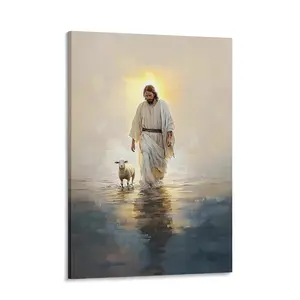 Jesus Canvas Wall Art, Jesus Walking on Water with The Lamb Wall Decor Paintings, Christian Poster Print Picture for Living Room Bedroom Church Decoration
