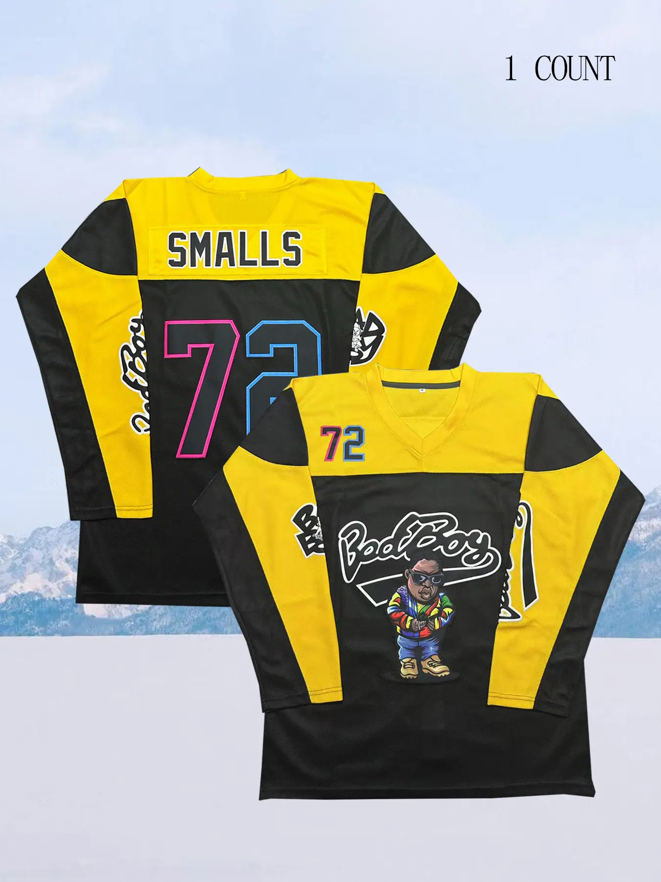 Men's #72 Smalls Bad Boy Jersey 90S Hip Hop Long Sleeve Hockey Jerseys Stitched Letters and Numbers,Fan Apparel,Breathable Polyester