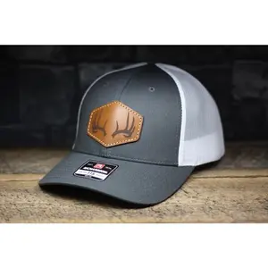 Leather Patch Hat, Richardson 115 Trucker Hat with stitched Whitetail Deer Rack laser engraved real leather patch. Deer antler shed hat