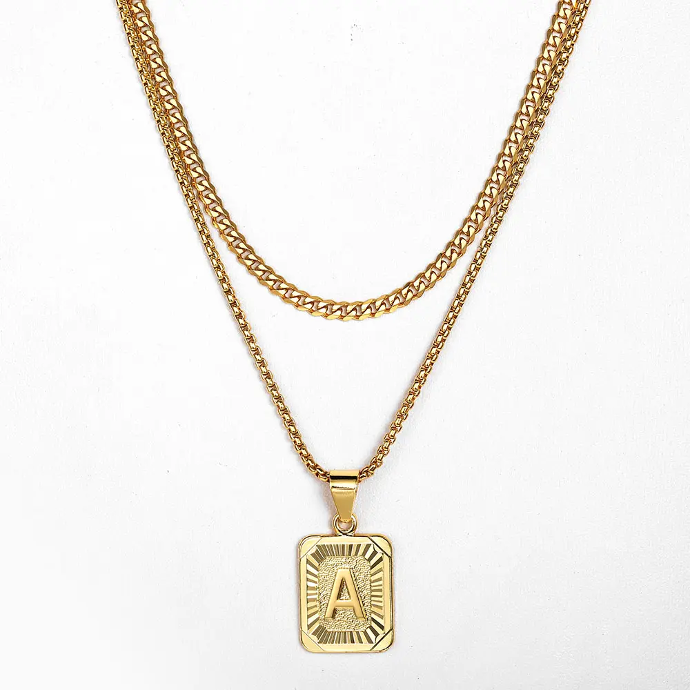 Hermah Initial Letter Pendant Necklaces Double Layered Box+Curb Chains Jewelry for Men Women Female Mother Gift