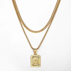Hermah Initial Letter Pendant Necklaces Double Layered Box+Curb Chains Jewelry for Men Women Female Mother Gift