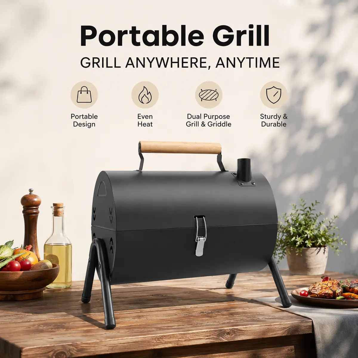 Portable Charcoal Grill Tabletop BBQ Smoker for Camping & Beach. 2 Nets 1 Pan Included. Compact Outdoor Cooking Gear.