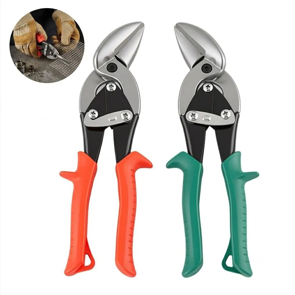 LIZVOR 10-Inch Aviation Tin Snips Straight Cut Compound Action Sheet Metal Shears Forged CR-V Steel Thickened Serrated Blade for HVAC Electrical and Drywall