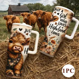 1 Pc Highland Cow Insulated Mug, Stainless Steel Thermal, 40oz Thermal Mug, Tumbler with Handle, Double Wall Vacuum Cup, Leak Proof Lid, Keeps Hot 12 Hours Cold 24 Hours, Farm Cow Design, Coffee Tea Hot Cold Drinks, Gift for Women Men, Farm Lover Gift
