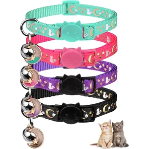 4PCS Cat Collar with Bells,Breakaway Cat Collars,Kitten Collar with Bell Moons Stars Cute Kitty Safe with Pendant,Cat Collars for Girl Cats 6.9-10.7 Inch(Black&Purple&Pink&Teal)
