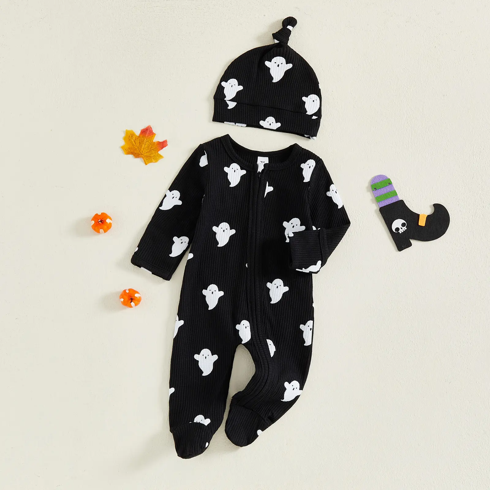 Newborn baby autumn set, long-sleeved round neck ghost print romper with hood, Halloween baby costume, suitable for both boys and girls (0-18 months)