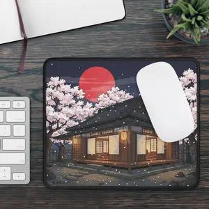 Gaming Mouse Pad - Japanese Tea House with Cherry Blossoms & Red Moon