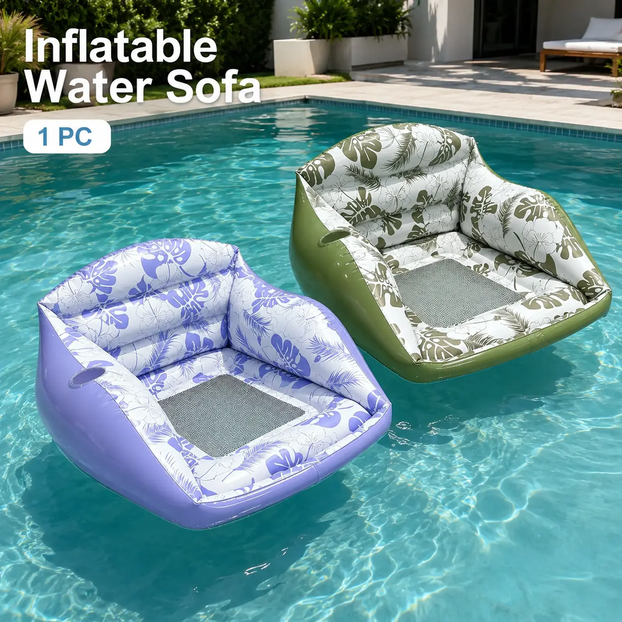 Adult Large Inflatable Pool Float Sofa, Tropical 3-in-1 Water Lounge Chair with Cup Holder, Pool Lounger for Summer, Lake & Outdoor Relaxing