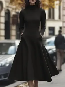 Women's High Neck Long Sleeve Solid Dress, A-Line Design, Warm Casual Dress with Pockets, Perfect Inner Layer for Outerwear