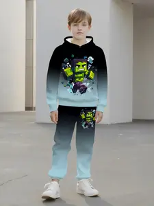 Pixel Hulk Gradient Hooded Set, 3D Sandbox Game Style Boys' Sweatshirt & Pants Two-Piece, Casual Slim-Fitting Spring & Fall