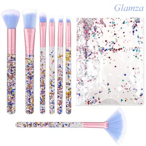 Glamza Crystal Sparkles Make Up Brush Professional Blending Brush with Sequins Handle Cute Blush Foundation Highlight Concealers Eyebrow Eye Shadow Lip Fan Beauty Brush Kit for Girls(7PCS)