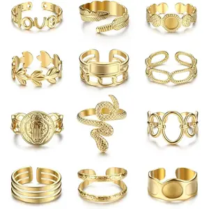 FINREZIO 12PCS Stainless Steel Statement Rings Pack Rings for Women Adjustable Open Ring Band for Boho Stacking Non Tarnish Gold Rings for Daily Wear Trendy Jewellery Accessories nugget ring promise rings gf wedding ring set western jewelry wedding rings