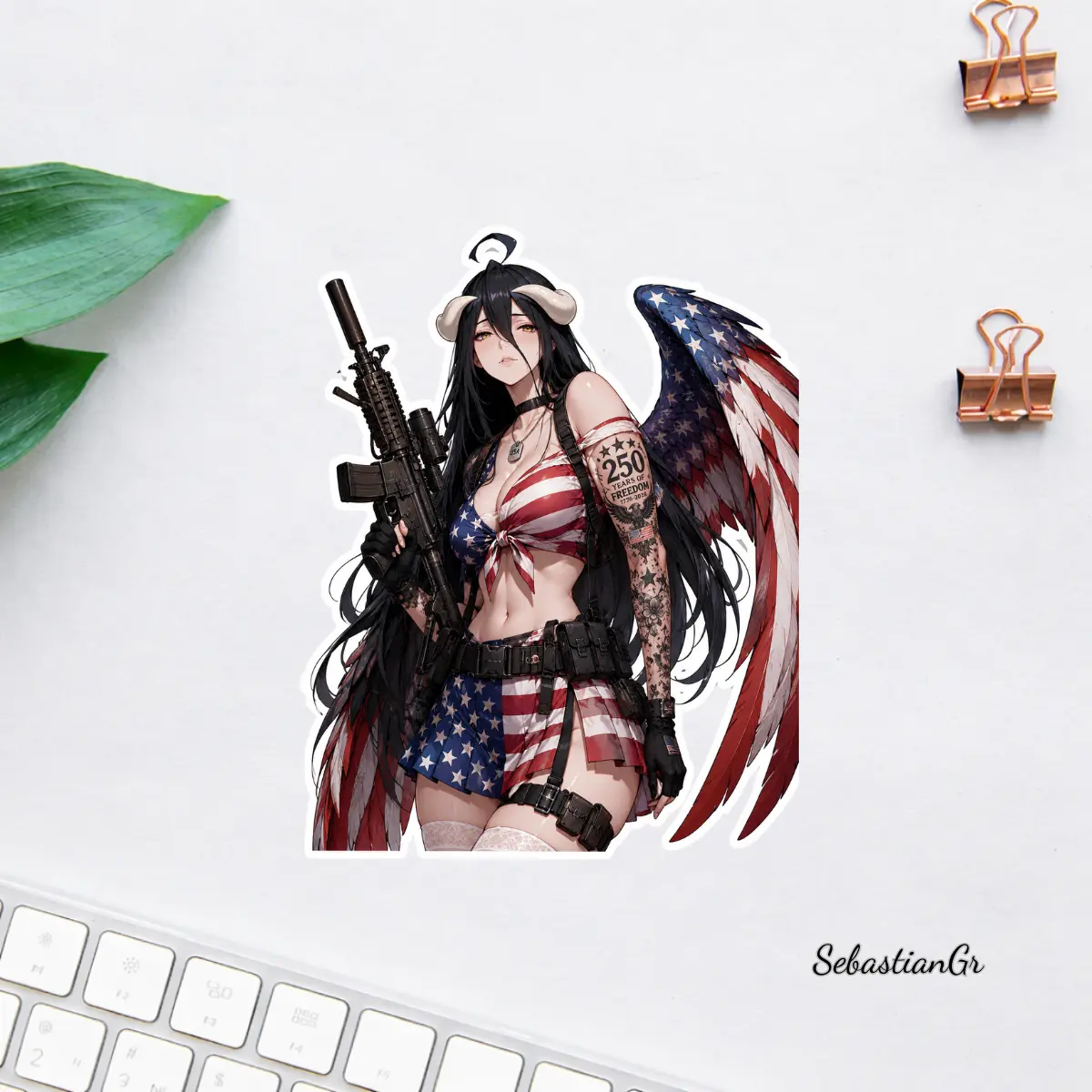 Albedo America 250th Anniversary Sticker, Patriotic Fallen Angel Anime Girl Decal, USA Freedom 1776–2026 Vinyl Sticker