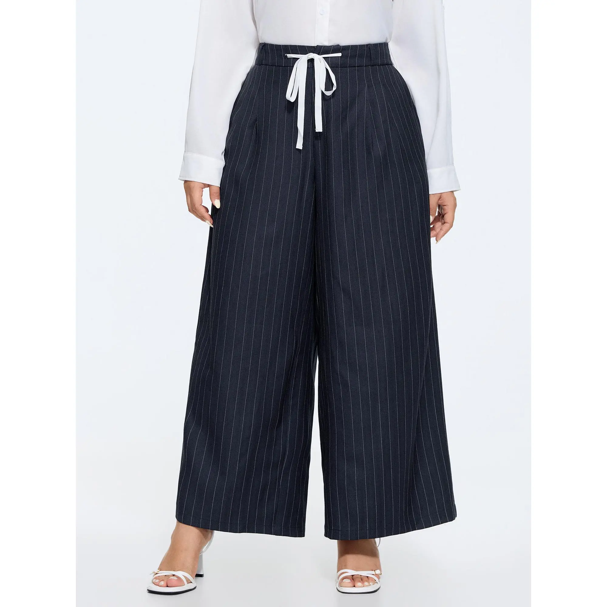 BloomChic Women's Plus Size Striped Wide-Leg Pants, Loose Mid Rise Office Casual Trousers with Drawstring Waist and Pockets, Smooth Spandex, Machine Wash, Plus Size Clothes, Regular Length, Fit, Loose Cut