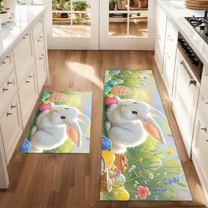 2Pcs White Rabbit Colorful Rabbit Egg Easter Floor mat set including farmhouse kitchen Rug dining room flooring laundry room decorative carpet mat