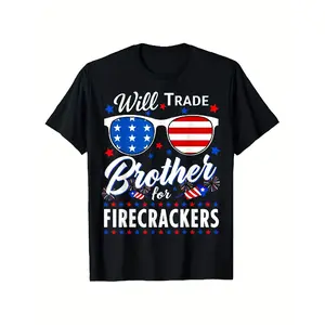 [100% Cotton] 100% Cotton Will Trade Brother for Firecrackers Funny 4th Of July Boys S T-Shirt Independence Day T-shirt Fashionable and Casual Short Sleeved Round Neck Tee with American Flag Graphic Print for Summer S Stylish Printed Men's Short-sleeved