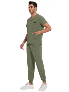Unisex Scrub Set 2 Piece, Stretchy V-Neck Short Sleeve Hand Wash Top, Relaxed Fit Uniform for Vet Pet Clinic Spa Beauty Salon