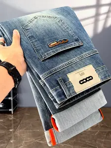 Men's Vintage Straight Leg Jeans, Elastic Breathable Fabric, 3D Leather Label, Thread Hem, Classic Straight Cut, Trendy Casual Long Pants