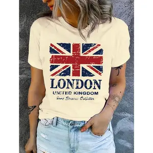 Fashionable City London British Flag T-shirt Graphic Print T-shirt, Short Sleeve Round Neck Summer and Spring Casual Tops, Women's Clothing