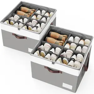 Criusia 2-Pack Clear Cover Shoe Storage Boxes with Adjustable Dividers, Closet Organizer Bins for Sneakers, Boots (Fits 16-32 Pairs)