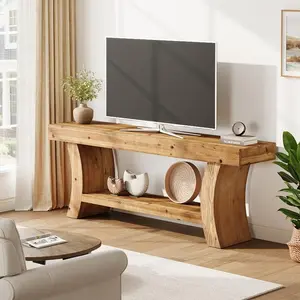 TRIBEWOOD 63" Solid Wood TV Stand for 55/60/65/75" TVs, Farmhouse TV Console, Low Entertainment Center with Storage for Living Room, Bedroom