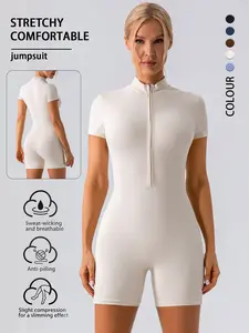 Women's Zipper Short Sleeve Yoga Romper, Slim Fit Workout Jumpsuit, Comfortable Gym Wear, Versatile Fitness for Women